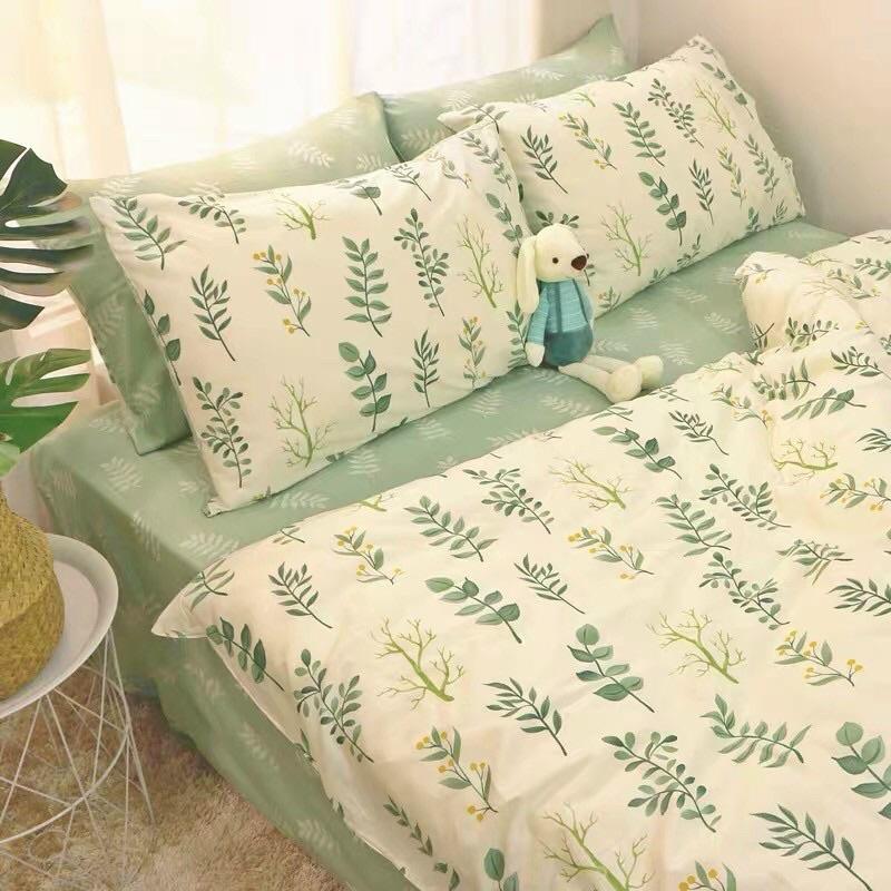 Bộ Chăn Ga gối Cotton Living 100%cotton Hàng Nhập Khẩu Cao Cấp 4 Món Mẫu Xanh Lá
