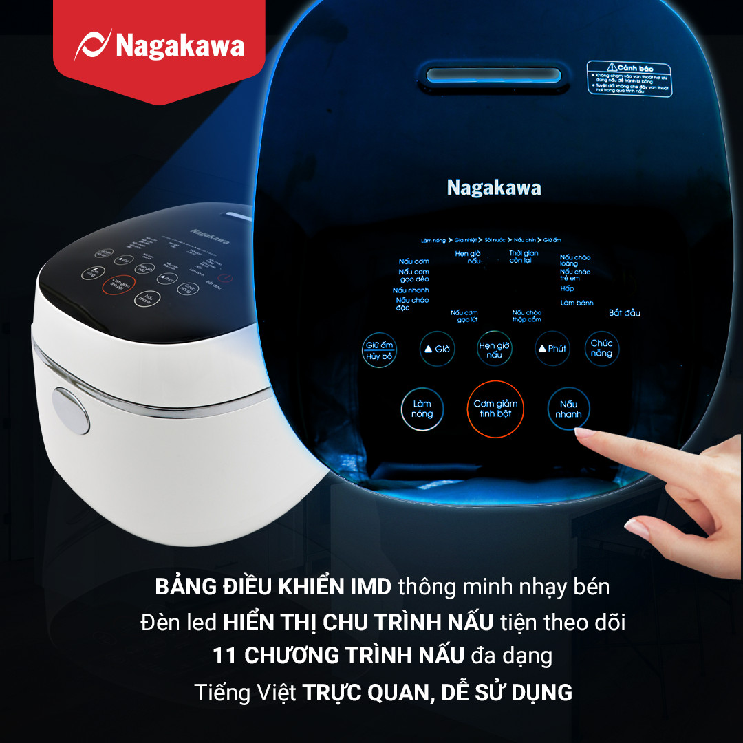 Nồi Cơm Điện Tử Cảm Ứng Nagakawa NAG0136 - Giảm tinh bột - Lòng niêu chống dính - 11 chức năng (1.2L - 500W) - Hàng Chính Hãng