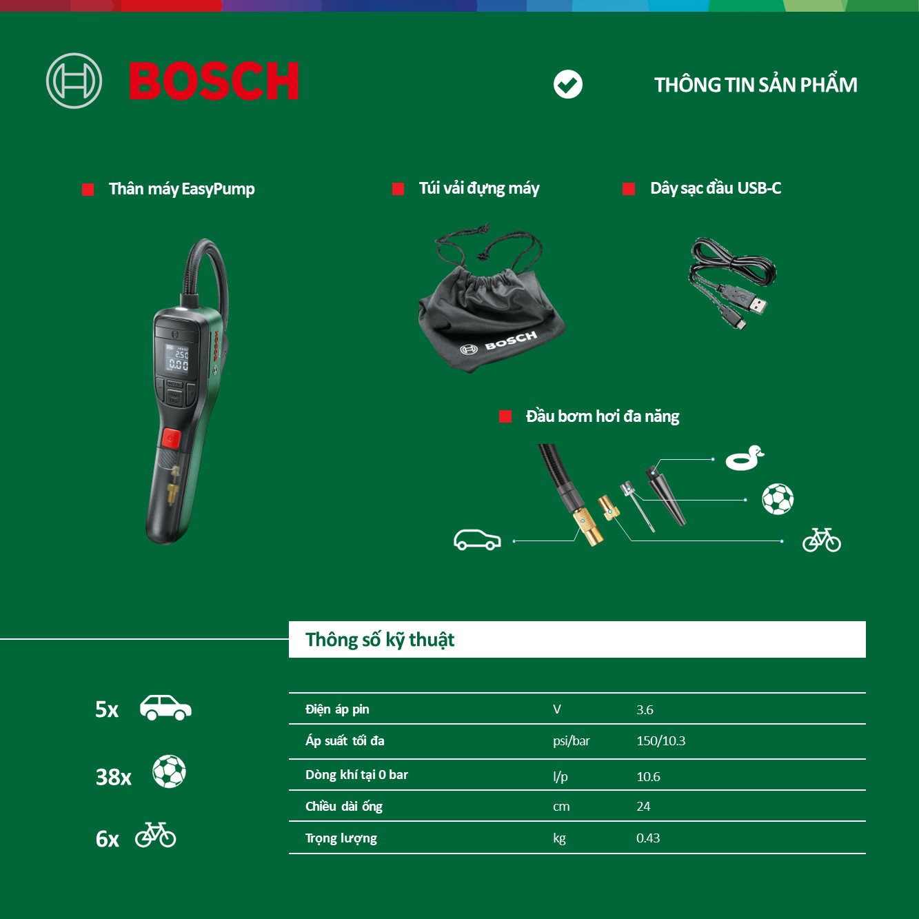 Máy bơm hơi cầm tay đa năng Bosch