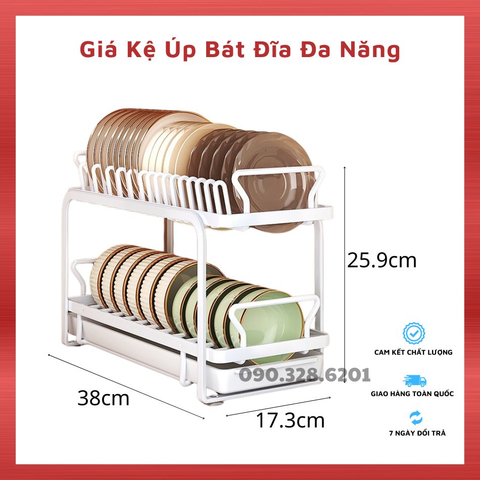 Kệ Để Chén Bát Đĩa Thép Carbon, Giá Úp Bát Đĩa Thớt 2 Tầng Có Khay Hứng Nước Đa Năng Tặng Kèm
