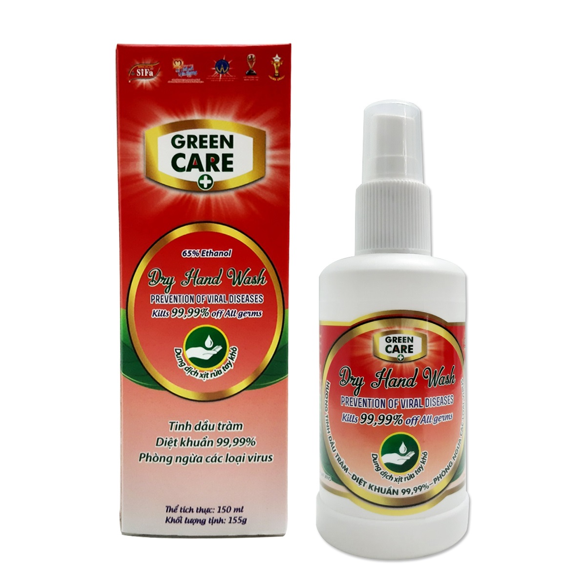 Chai xịt nước rửa tay khô sạch siêu nhanh kháng khuẩn tinh dầu tràm Green Care 150ml cao cấp