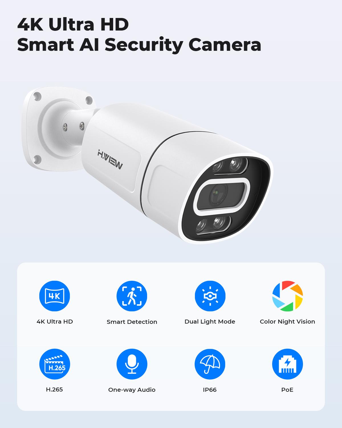 H.View 5Mp 8Mp 4K Ip Camera Poe Ai Nhận diện khuôn mặt Camera an ninh Cctv H.265 Giám sát video âm thanh ngoài trời onvif xmeye Kích thước cảm biến: 1 chiếc Camera POE 5MP