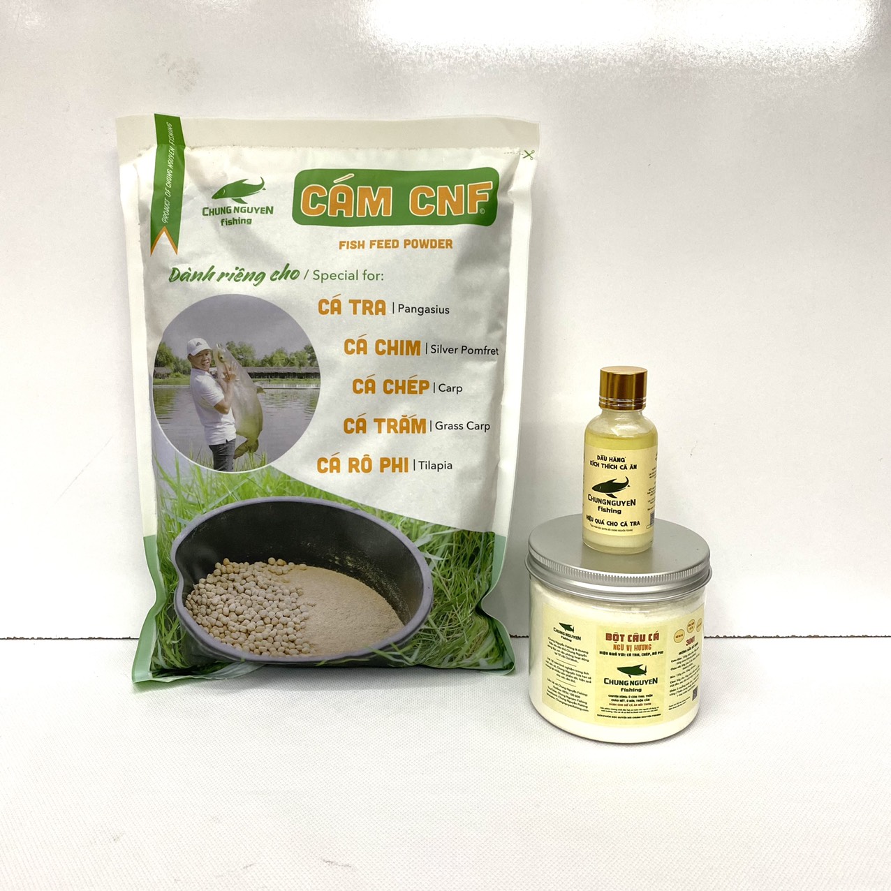 Combo 1kg Cám CNF, 1 Chai Dầu Hăng, 1 Hũ Bột Chung Nguyen Fishing Chuyên Dùng Câu Cá Tra, Chép, Rô Phi, Trắm, Trôi