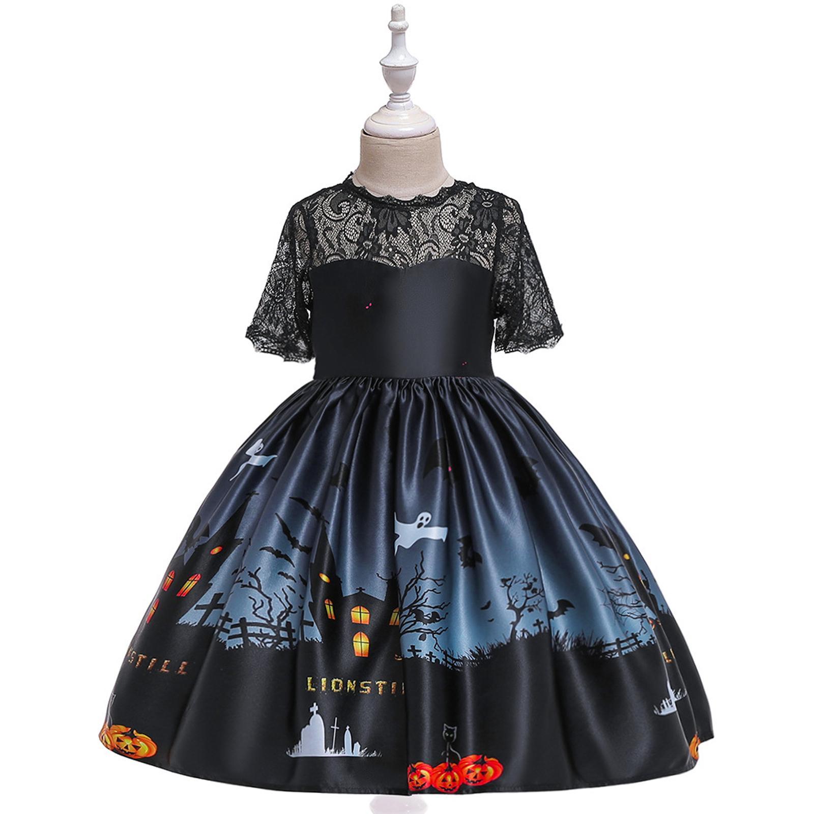 Kids Girls Halloween Costume Dress Pumpkin Skull Printed Fancy Dress Up Cosplay Party Outfits