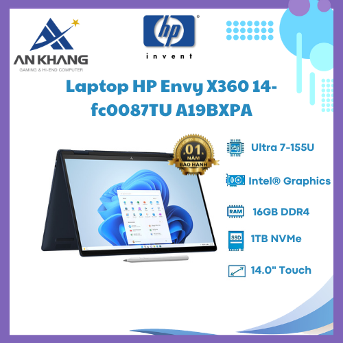 Laptop HP Envy X360 14-fc0087TU (A19BXPA) (Ultra7 155U/16GB RAM/1TB SSD/14 2.8K Cảm ứng/Bút/Win11/Xanh) - Hàng Chính Hãng