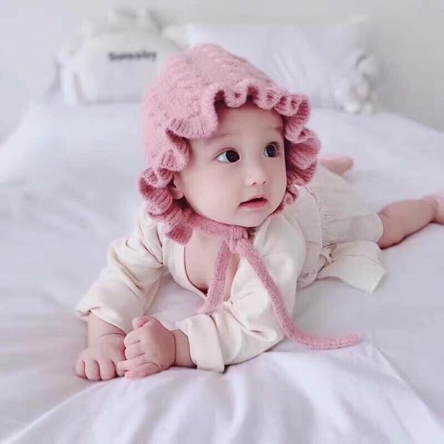 Mũ len bèo màu hồng, màu cho bé gái cực xinh