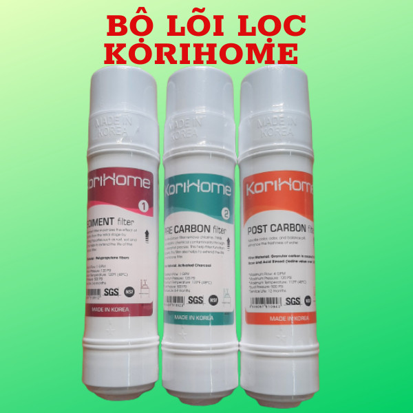 Combo 3 lõi lọc thô Korihome gồm  1 sediment 1 Pre carbon 1 Post carbon