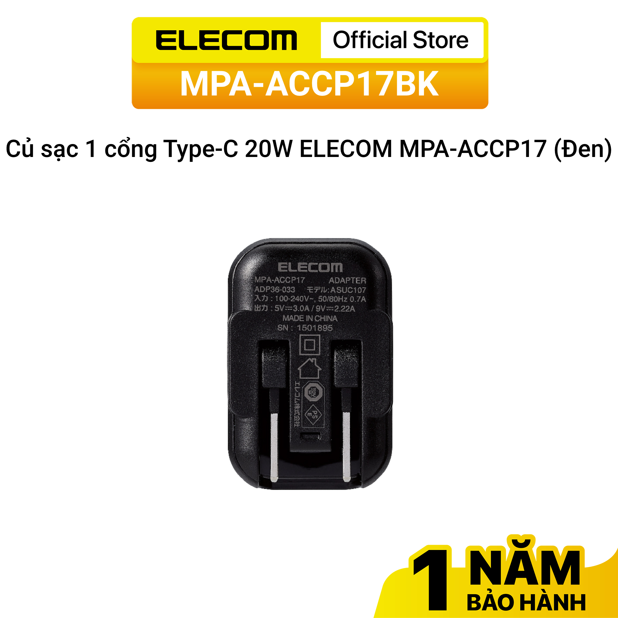 Củ sạc 1 cổng Type-C 20W ELECOM MPA-ACCP17 - Hàng chính hãng