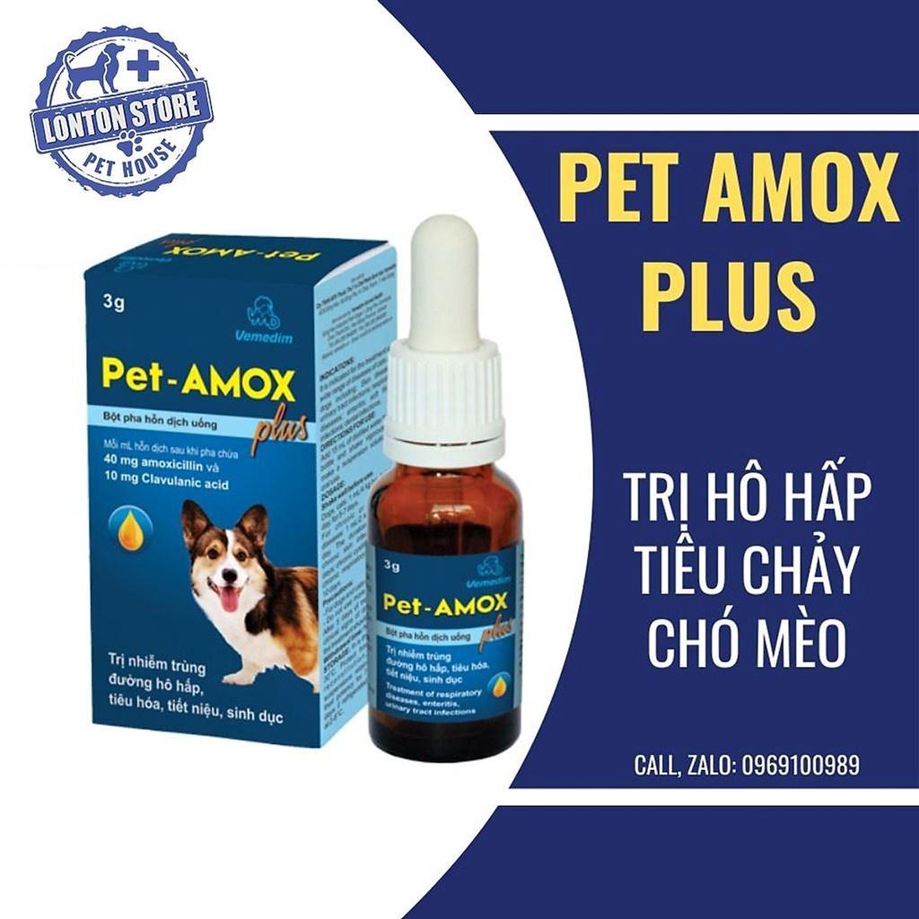 Pet amox plus tốt cho tiêu hoá, hô hấp, viêm da, nhiễm trùng trên chó mèo . lọ bột 3g pha huyễn dịch uống