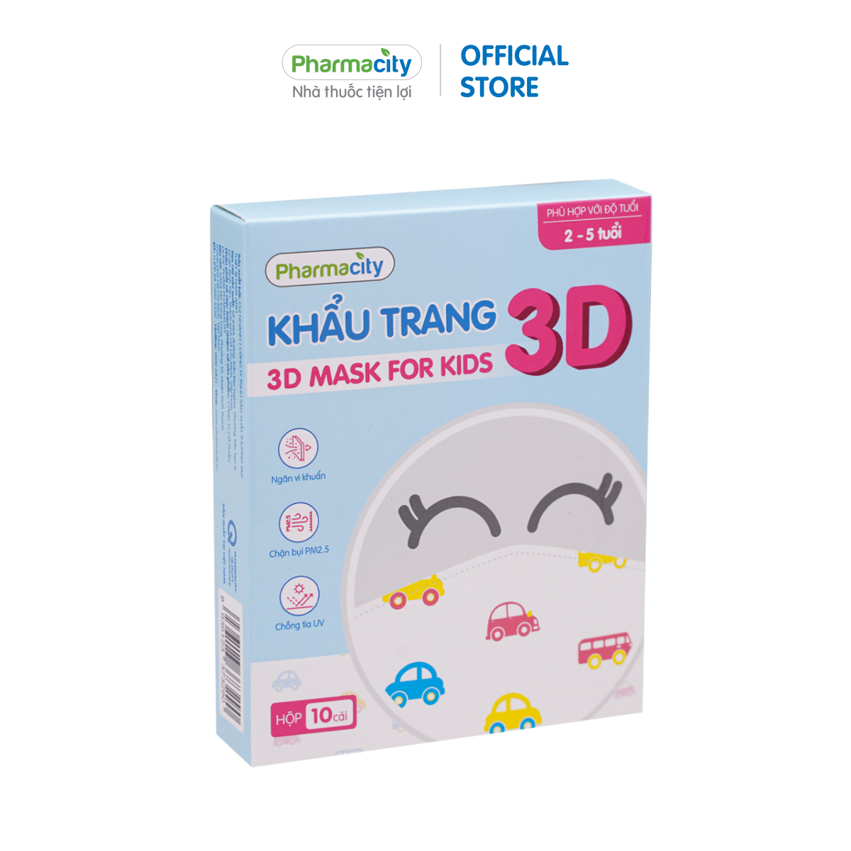 Khẩu trang y tế 3D Pharmacity ngăn bụi mịn và vi khuẩn cho trẻ 2-5 tuổi (Hộp 10 cái)