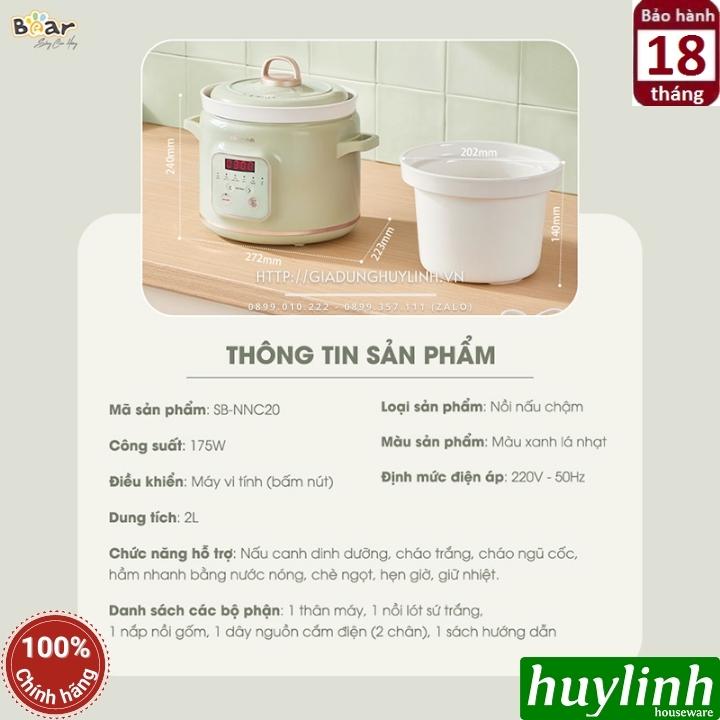 Nồi nấu chậm - nồi tiềm Bear SB-NNC20 - 2 lít - Bản quốc tế - 6 chức năng - Hàng chính hãng