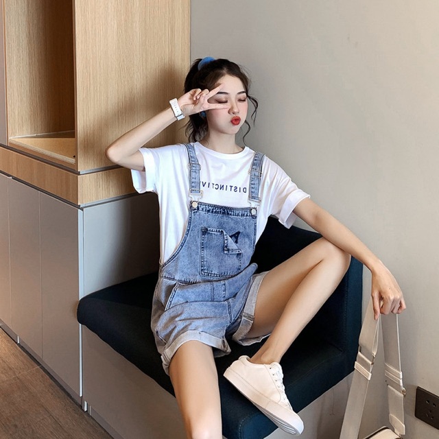 Quần yếm jean ngắn nữ YS13 vải dày, phong cách Hàn Quốc