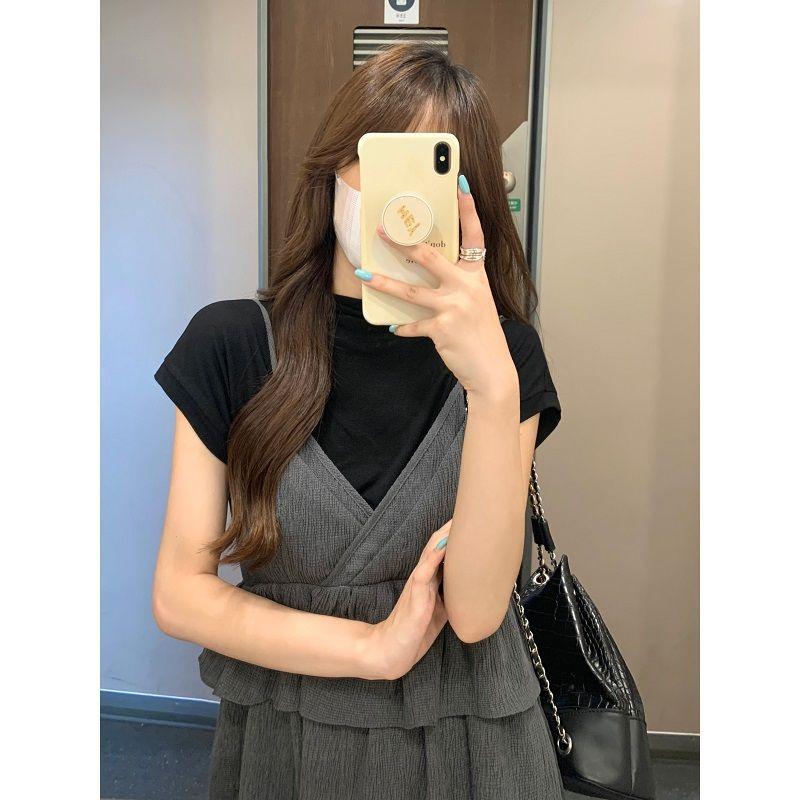 TOBE1SHOP Một nửa chiều cao cổ áo mỏng phù hợp với phụ nữ mùa hè cao eo lá sen ren váy hai mảnh đặt váy