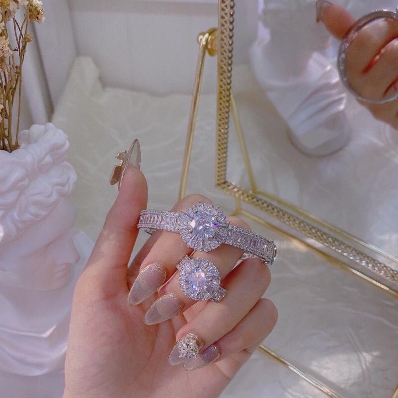 Set bộ Vòng tay và nhẫn nữ xi bạch kim siêu sáng siêu bền Kami