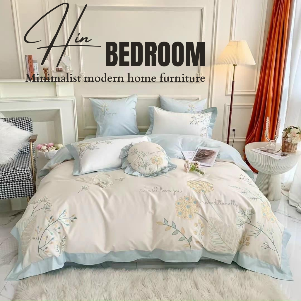 Bộ Chăn Ga Gối Đệm 5 Món Chăn Phao Lụa Sateen 80s Hin Home Bedding Drap Giường Cao Cấp