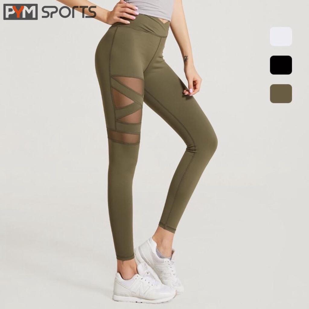 Quần dài legging tập Yoga - Gym PYMSPORT - PYML016, pha lưới, nâng mông, 3 màu đen, xanh rêu, trắng