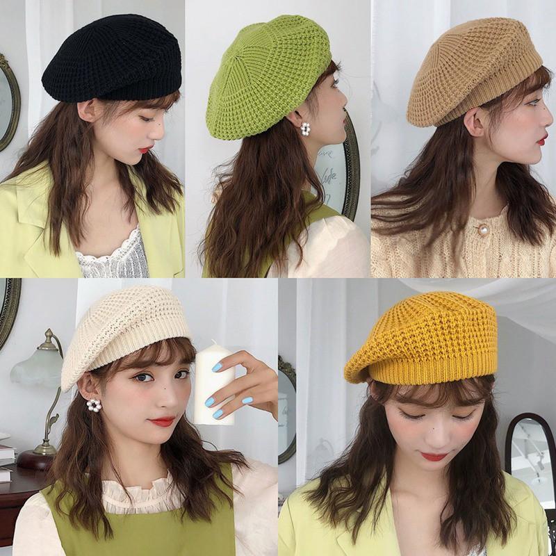Mũ beret dệt kim thiết kế đáng yêu cho phái nữ
