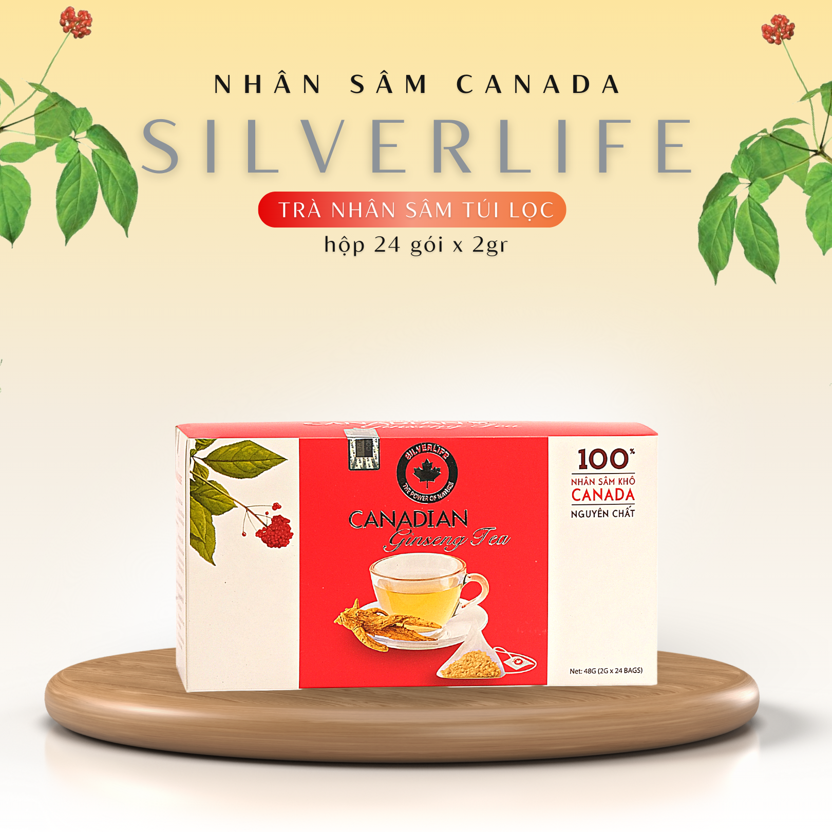 Trà nhân sâm Canada SilverLife hộp 24 gói 48g - 100% nhân sâm Canada tự nhiên nguyên chất - Giúp giải nhiệt, tăng cường sức khoẻ