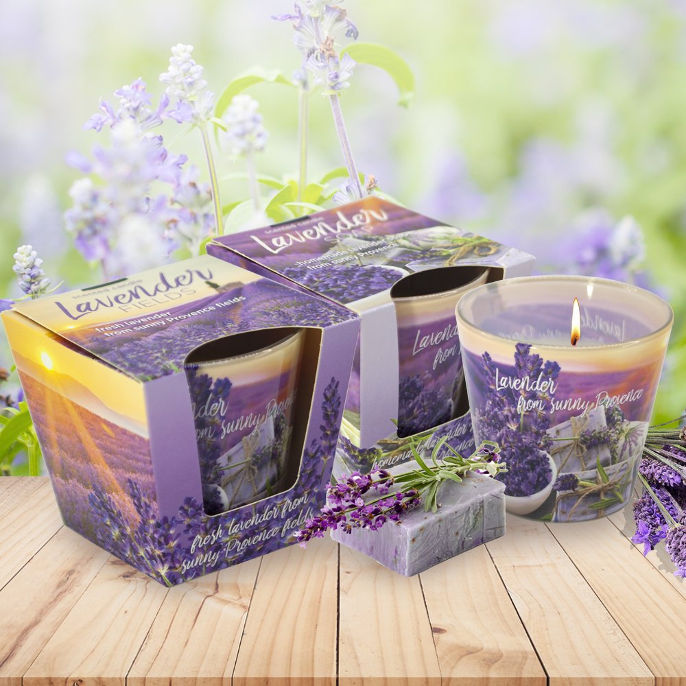 Ly nến thơm tinh dầu Bartek Lavender Fields &amp; Soap 115g QT04965 - cánh đồng oải hương, nến trang trí, thơm phòng, thư giãn, hỗ trợ khử mùi (giao mẫu ngẫu nhiên)