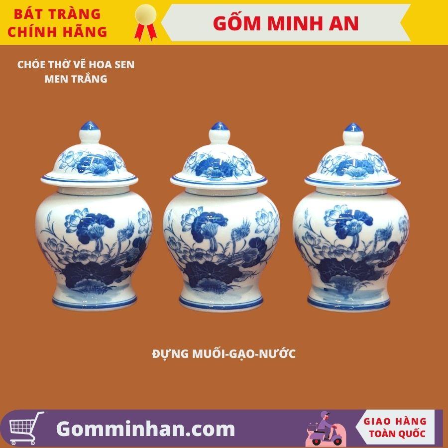 Chóe Thờ Chóe Cúng trên Ban Thờ-Vẽ Hoa Sen Cao Cấp Men Trắng- Gốm Sứ Bát Tràng- Gốm Minh An