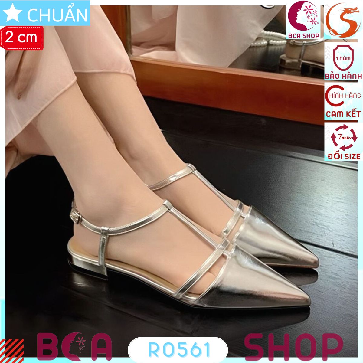 Búp bê nữ mũi nhọn 2p RO561 màu bạc ROSATA tại BCASHOP kiểu quai T-TRAP thời trang và độc đáo tạo nên nét thanh lịch