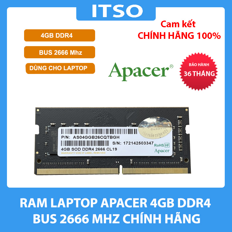 RAM laptop Apacer DDR4 4GB 2666 19 ( World Wide )(A4S04G26CRIBH05-1)- Hàng chính hãng