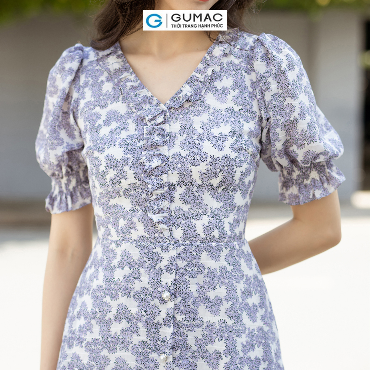 Đầm A họa tiết hoa tay bo nhún thanh lịch nữ tính thời trang GUMAC DD07021