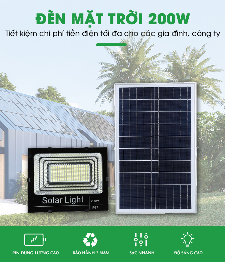 Đèn pha năng lượng mặt trời cao cấp 200w sáng liên tục trên 12 tiếng, gía tốt