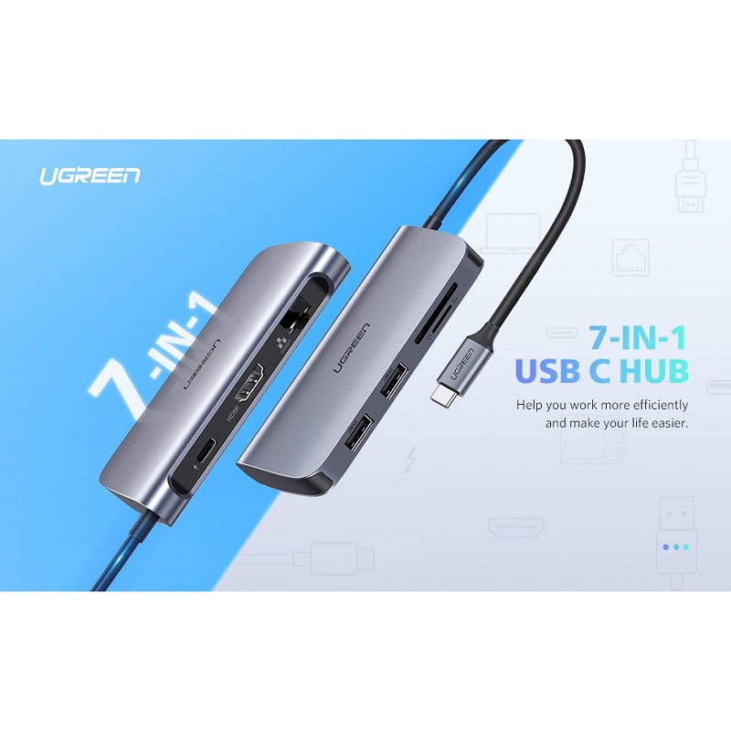 Bộ chia Hub USB type C 7 in 1 Ugreen 50852 Chính Hãng CM212 - Type C to HDMI 4K - Lan Gigabit + 2USB 3.0/Reader SD/TF hàng chính hãng