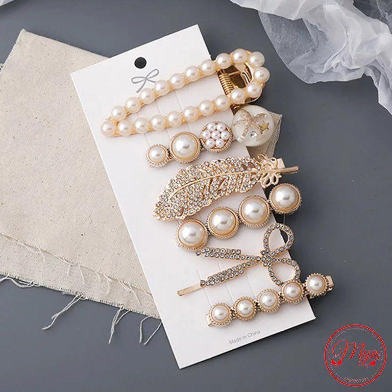 SET KẸP TÓC MẠ VÀNG ĐÍNH NGỌC TRAI NHÂN TẠO 6 MÓN