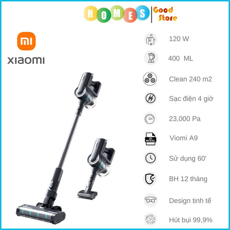 Máy Hút Bụi Không Dây Cầm Tay XIAOMI Viomi A9 Pin Rời Thuận Tiện Sạc Điện Siêu Nhẹ Thời Gian Làm Việc 60 Phút Lực Hút 23KPa Công Suất 120 W - Hàng Chính Hãng