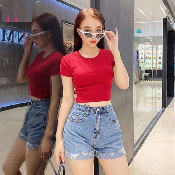 Áo thun nữ croptop cổ tròn nhiều màu siêu xinh