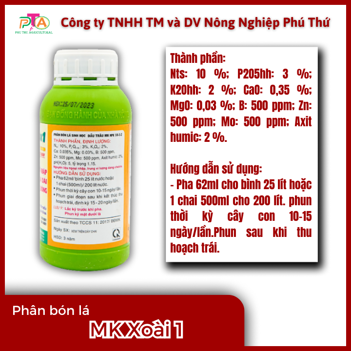 Phân Bón Lá Đầu Trâu MK Xoài 1 (10-3-2) chai 500ml
