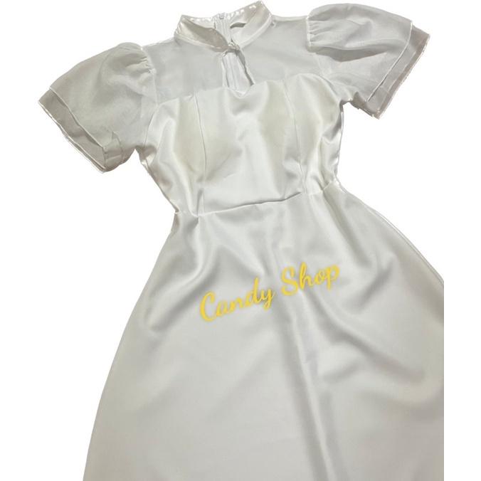 Đầm xoè dự tiệc cổ tàu phối voan tay cánh tay 2 lớp