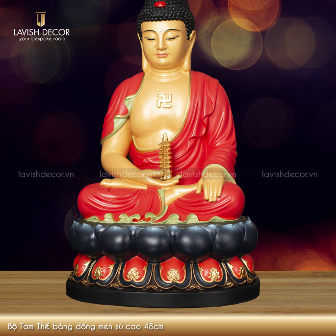Bộ Tam Thế bằng đồng men sứ cao 48cm