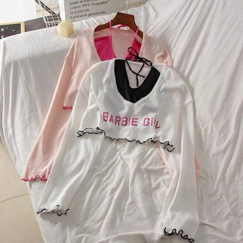 Set áo len dài tay gồm áo khoác mỏng GIRL mix áo 2 dây chất len dệt kim QC