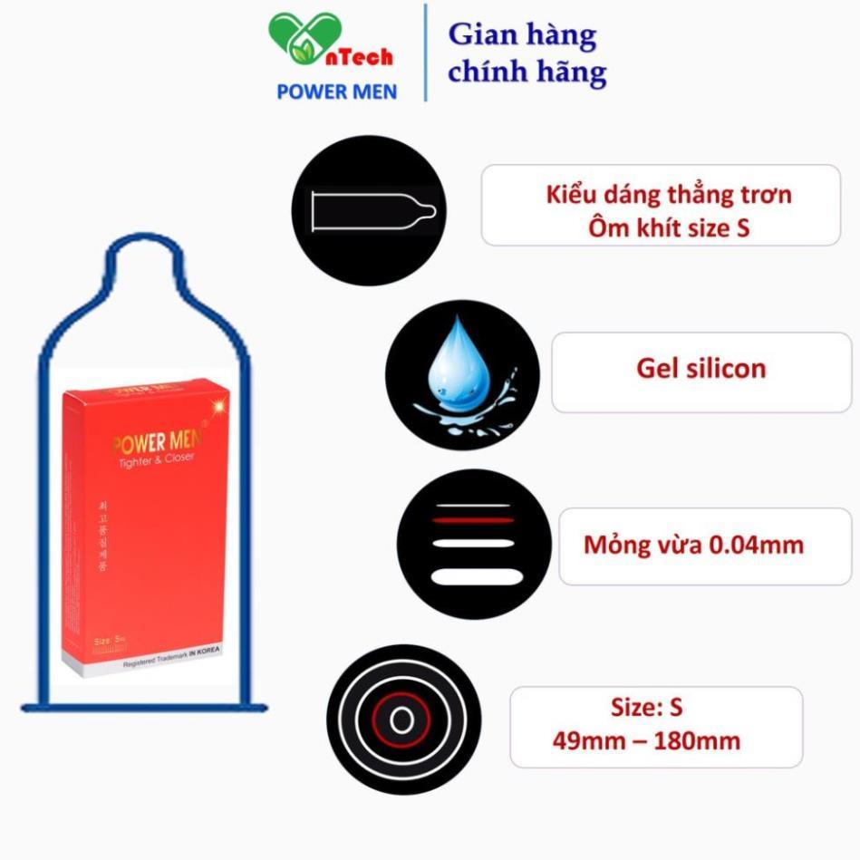 Bao cao su POWER MEN TIGHTER & CLOSER siêu mỏng thiết kế dáng ôm khít 3D chống tuột size nhỏ 49mm hộp 12 chiếc