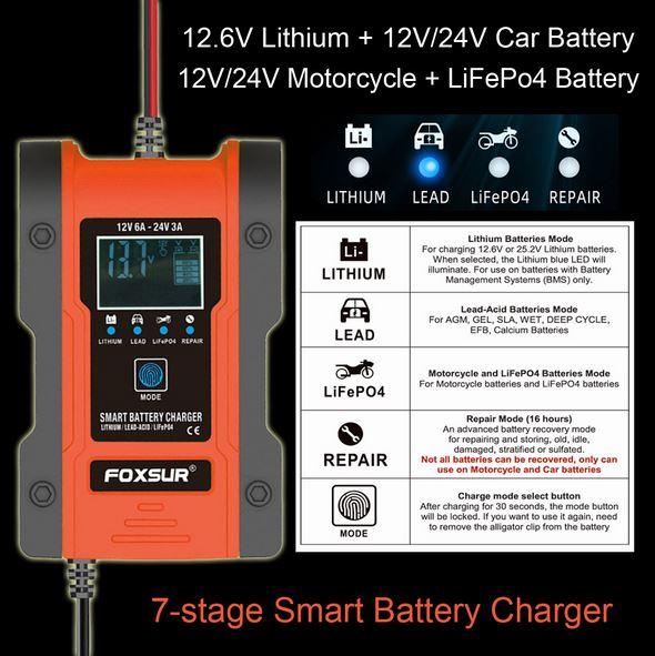 Sạc bình ắc quy 12V 24V 150AH FOXSUR sạc Pin lithium có chức năng khử sunfat MẪU MỚI 2021 sạc ắc quy ô tô xe máy
