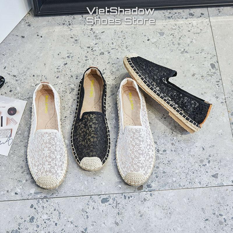 Slip on nữ - Giày lười vải lưới nữ đế cói - Chất liệu đế gai bện, vải ren lưới 2 màu đen và trắng - Mã A53