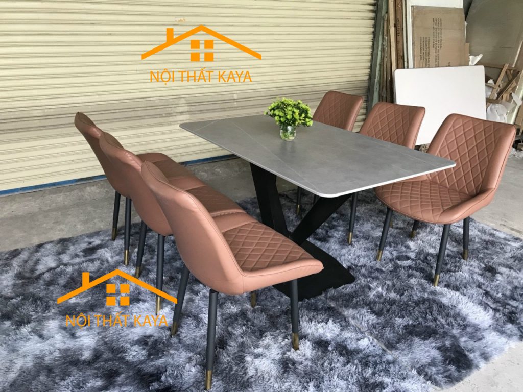 Bộ Bàn Mặt Đá Ceramic Chân X 6 Ghế Nhập Khẩu 160cm x 90cm x 75cm KY-GH11