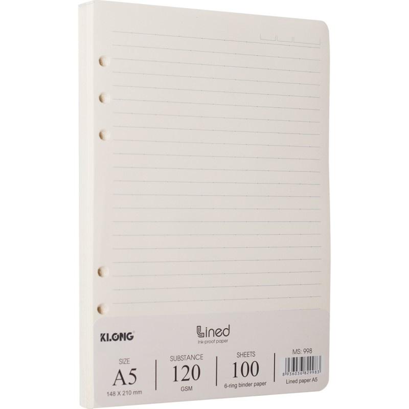 Ruột sổ còng giấy refill kẻ ngang A5 - 100 tờ; MS: 998, chính hãng Klong binder 6 lỗ 120GSM