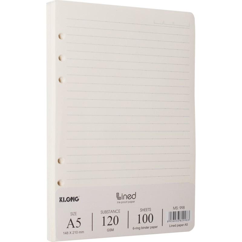 Ruột sổ còng giấy refill kẻ ngang A5 - 100 tờ; MS: 998, chính hãng Klong binder 6 lỗ 120GSM