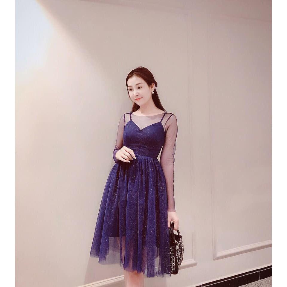 Đầm xoè xếp ly phối lưới kim tuyến 2 lớp siêu xinh