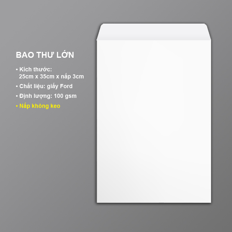 BAO THU TRẮNG A4 - 25X35cm - LOẠI THƯỜNG ĐỊNH LƯỢNG 100gsm - 100 CÁI/ XẤP - NẮP KHÔNG KEO