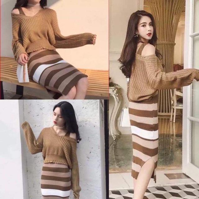 Set Len áo cổ thuyền mix với váy len ôm sọc ngang