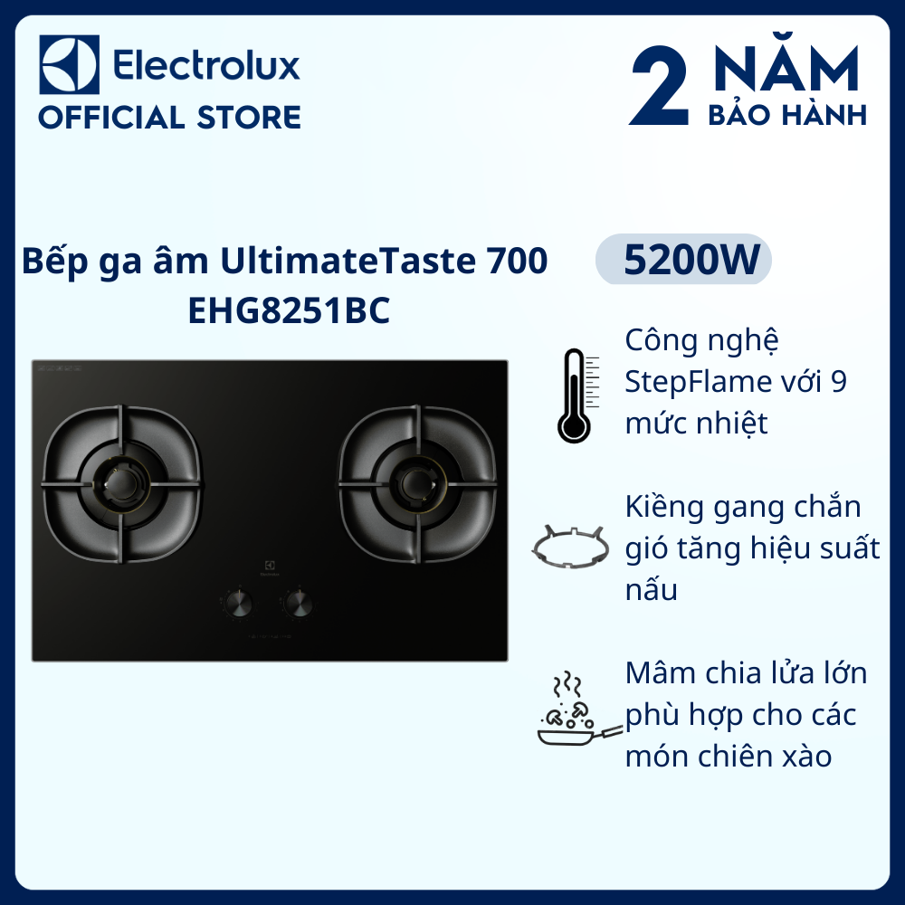 [Miễn phí giao hàng toàn quốc] Bếp ga âm 80cm Electrolux UltimateTaste 700 với 2 vùng nấu - EHG8251BC - Kiềng gang chắn gió, ngắt ga tự động, hiệu suất nấu cao, 9 mức lửa khác nhau [Hàng chính hãng]