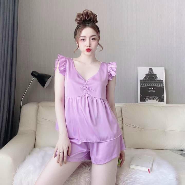 DỄ THƯƠNGSet đồ ngủ nhún nơ tay cánh tiên quần đùi đồ bộ lụa satin cao cấp mặc nhà freesize 58kg