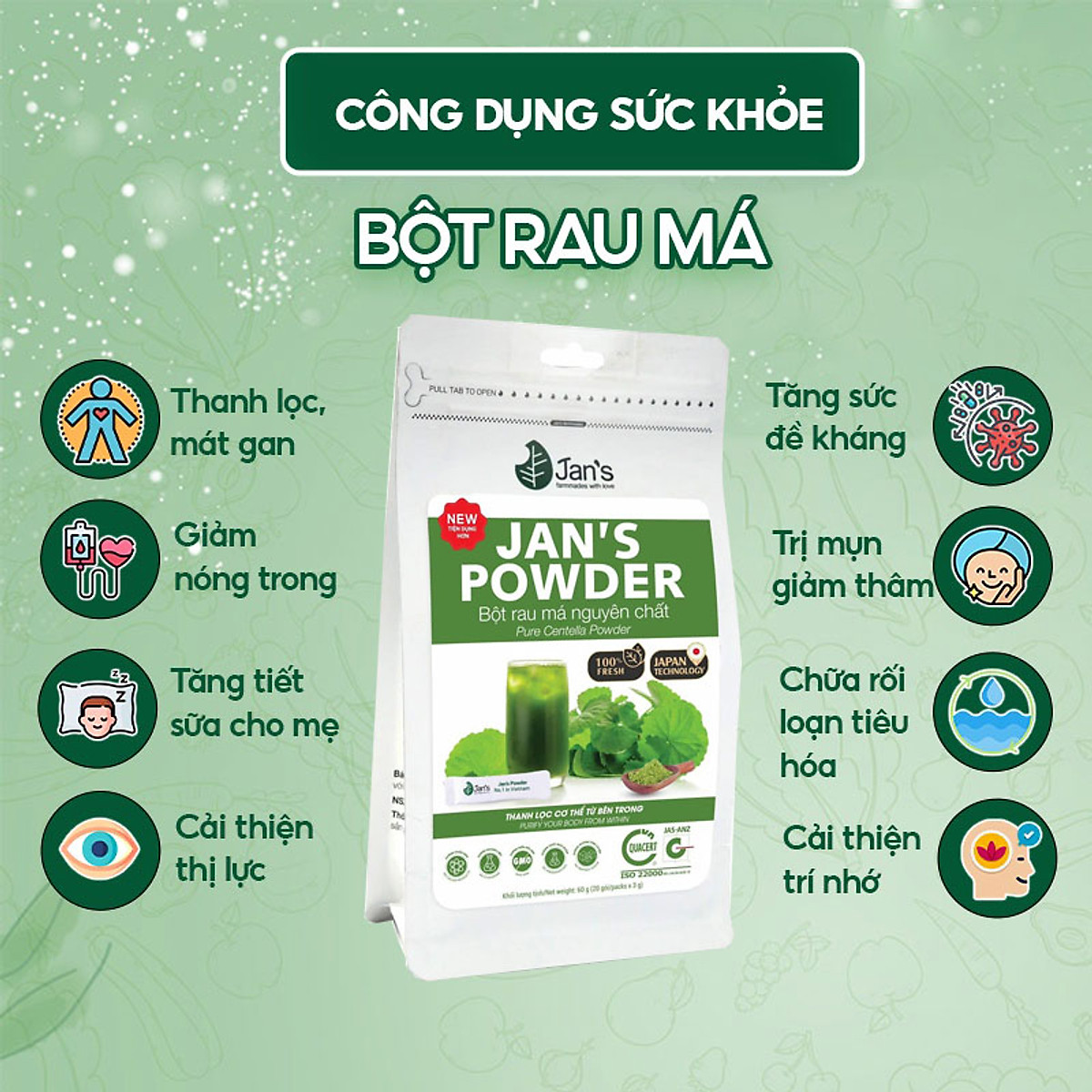 Bột rau má nguyên chất Jan's 60gr - Thanh nhiệt, thải độc, đẹp da, làm dịu cơn đau ngày đèn đỏ