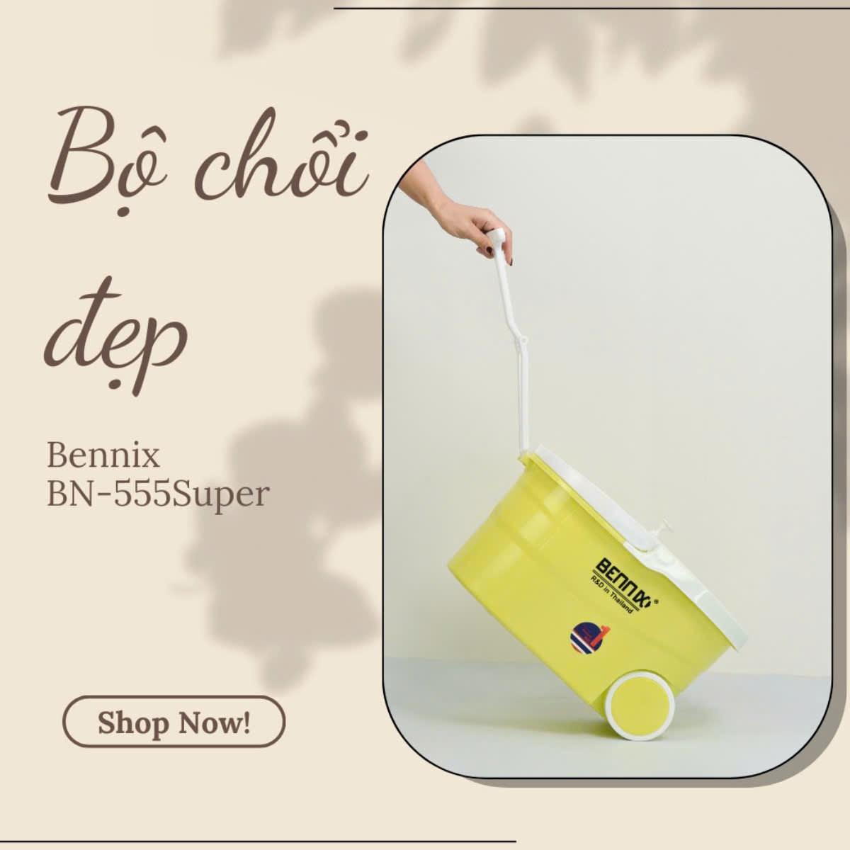 Bộ lau nhà cán Inox 304 Bennix Thái Lan BN-555WA xoay 360 có bánh xe lớn, bảo hành 12 tháng
