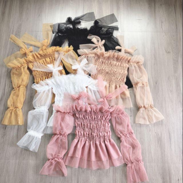 Áo kiểu nhún tay lưới nơ bánh bèo xinh iu iu
